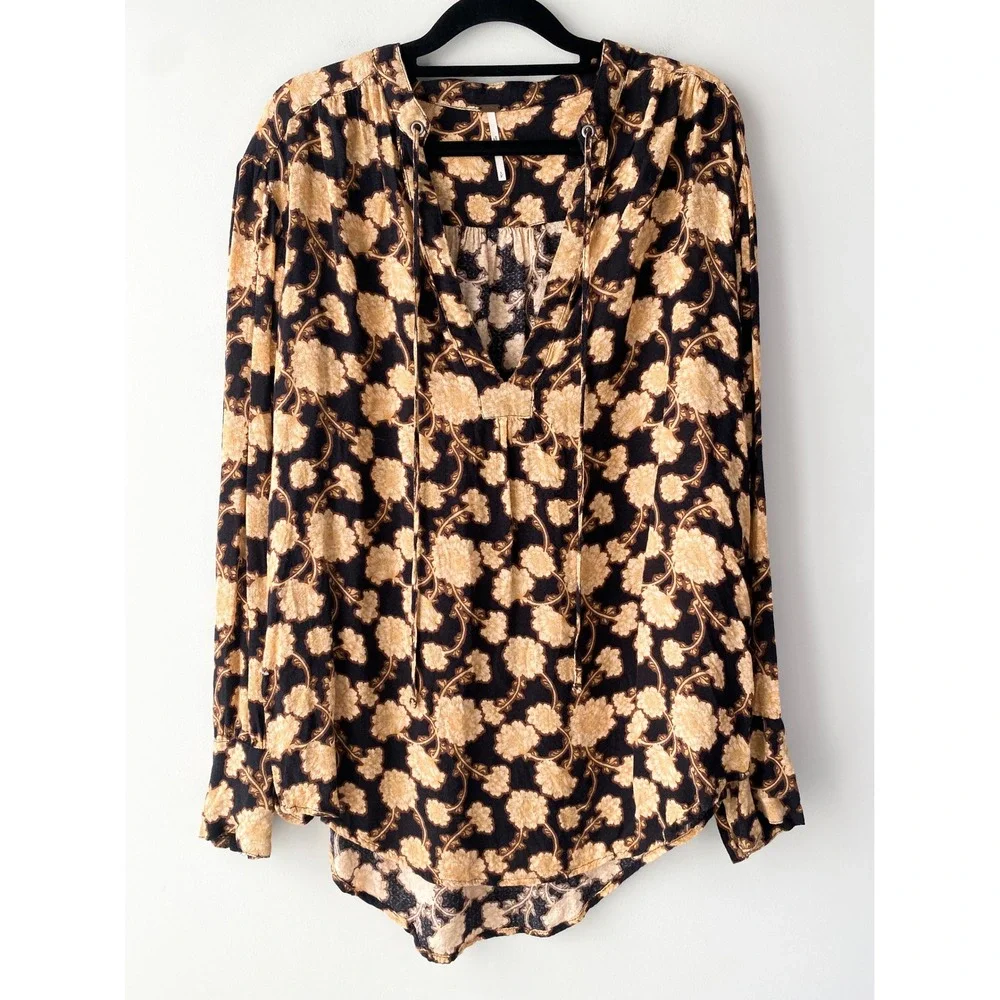 Free People Mia‎ Floral Tunic Top S Peasant Black Brown Boho Festival Oversized